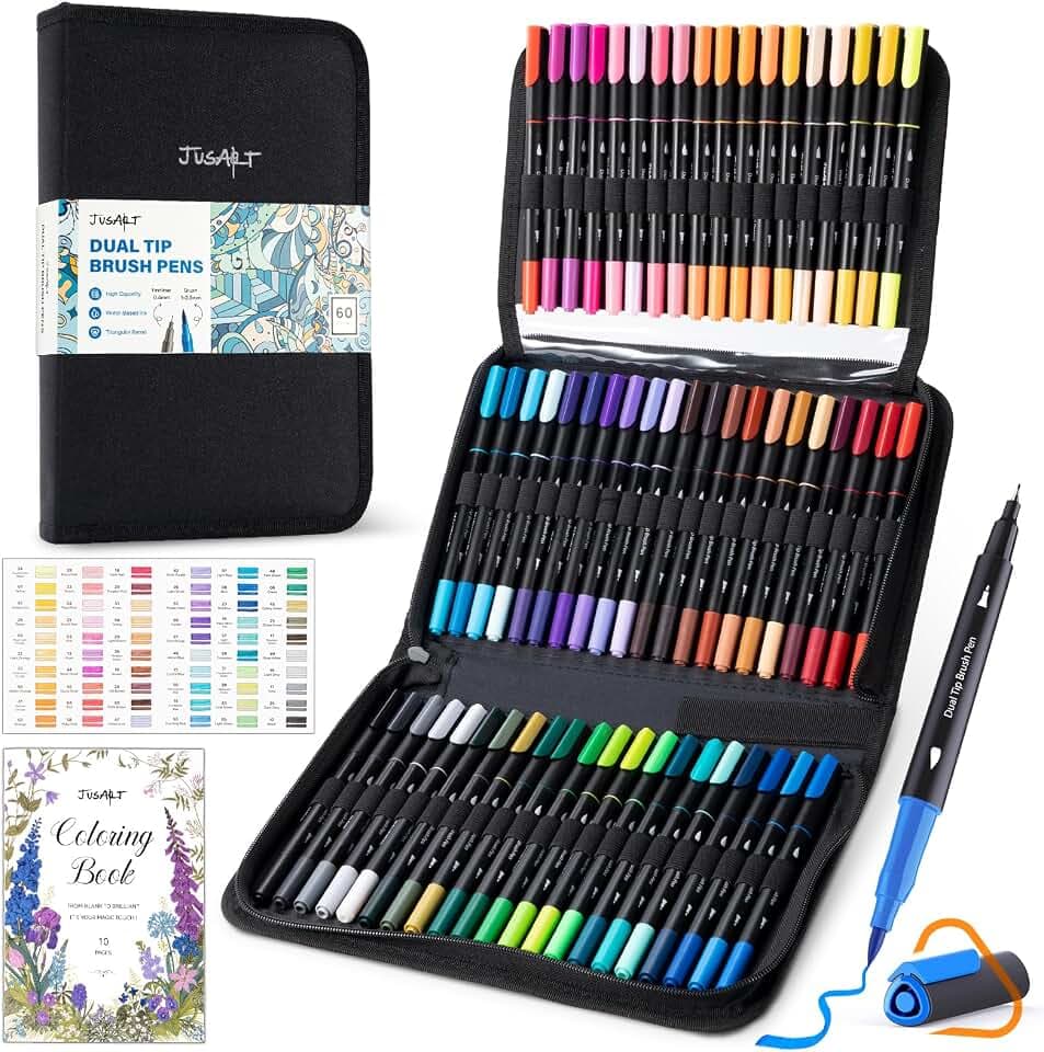 60 Dual Tip Markers with Adult Coloring Book & Bag, No Bleeding