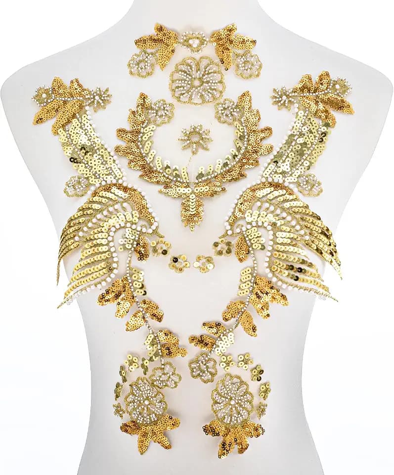 Silvora Gold Embroidery Pearl Phoenix Sequin Applique, Handmade Sewing Tool for Wedding Dress Gown Bodice Costume Clothing Craft DIY (Gold-3)
