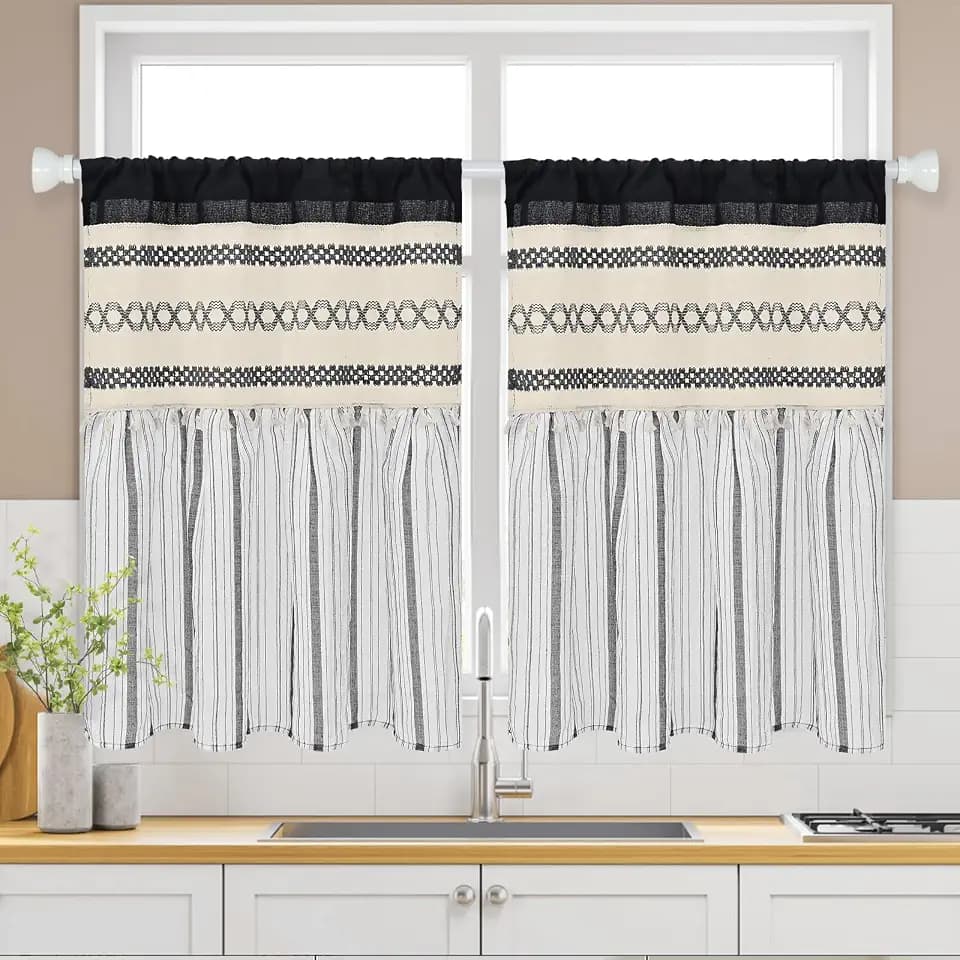 FRAMICS Farmhouse Linen Kitchen Curtains 36 Inch Length Black Striped Short Curtain for Windows Boho Crochet Small Window Curtains for Kitchen Rod Pocket Tier Curtain for Bathroom, Cafe, 2 Panels