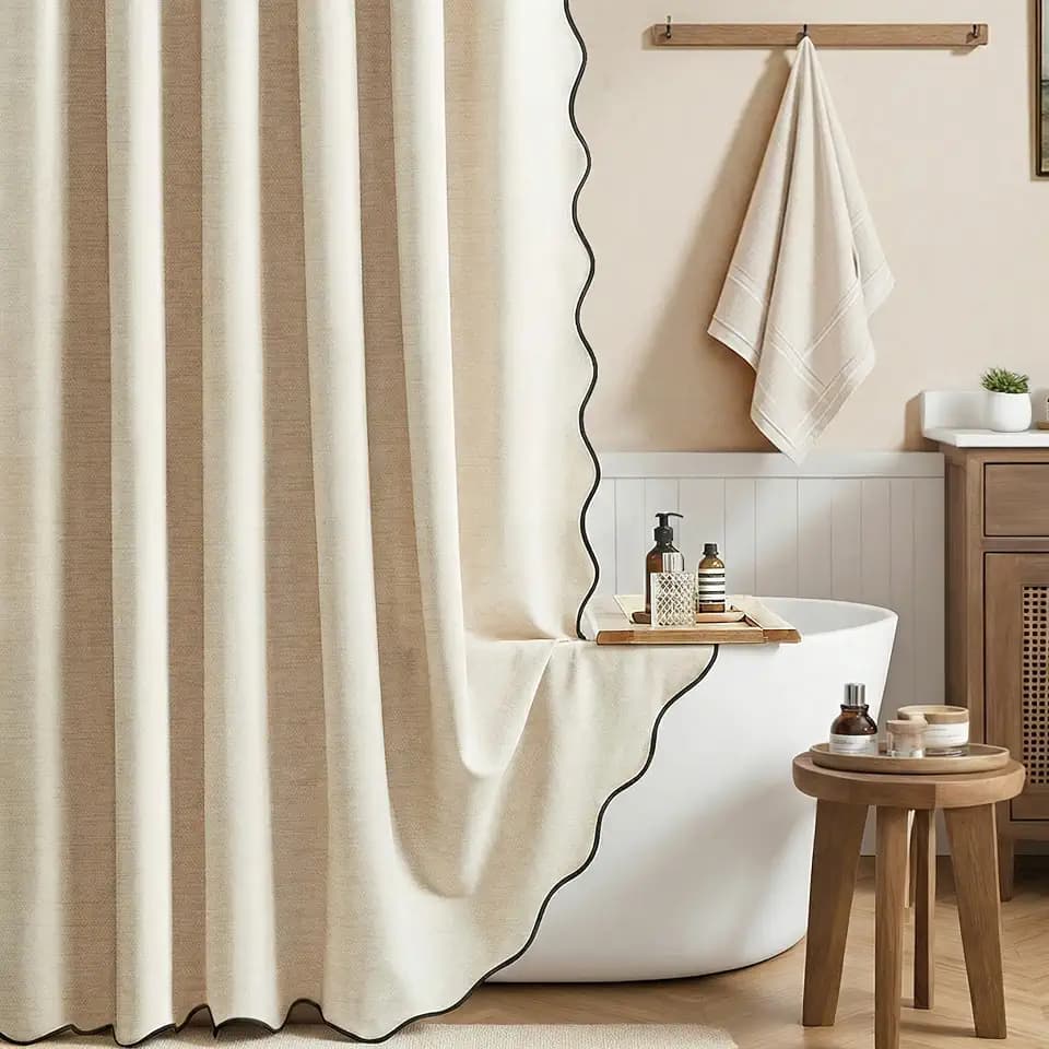 BTTN Beige Boho Scalloped Linen Textured Cloth Shower Curtain, 72x72, Cream