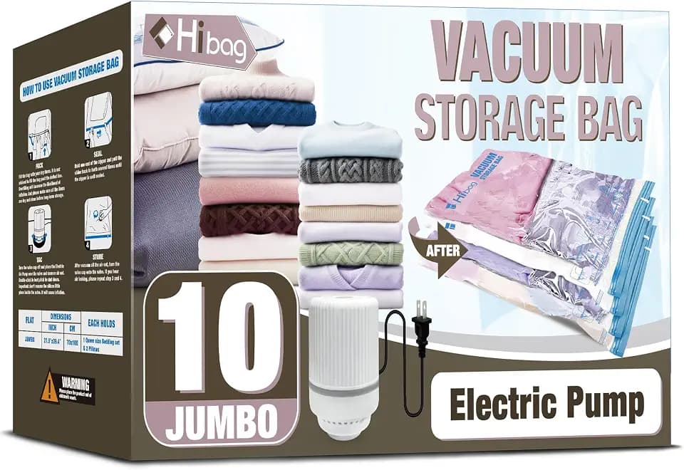 HIBAG Vacuum Storage Bags with Electric Pump, Vacuum Seal Bags for Clothing, Pillows, Blanket Bedding Comforters, 10 pack Jumbo
