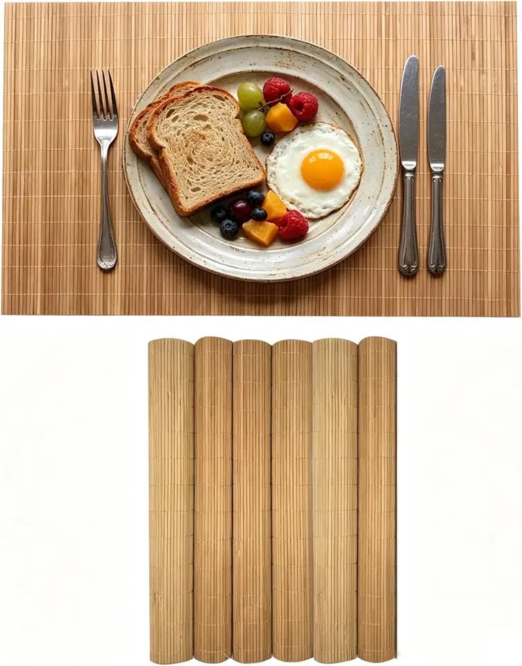 6-Pack Bamboo Placemats,Woven Heat-Resistant Rectangular Table Mats, Natural Dining Place Mats, Rustic Japanese Style Wood Mats for Indoor Dining, Kitchen and Party Use, Coffee
