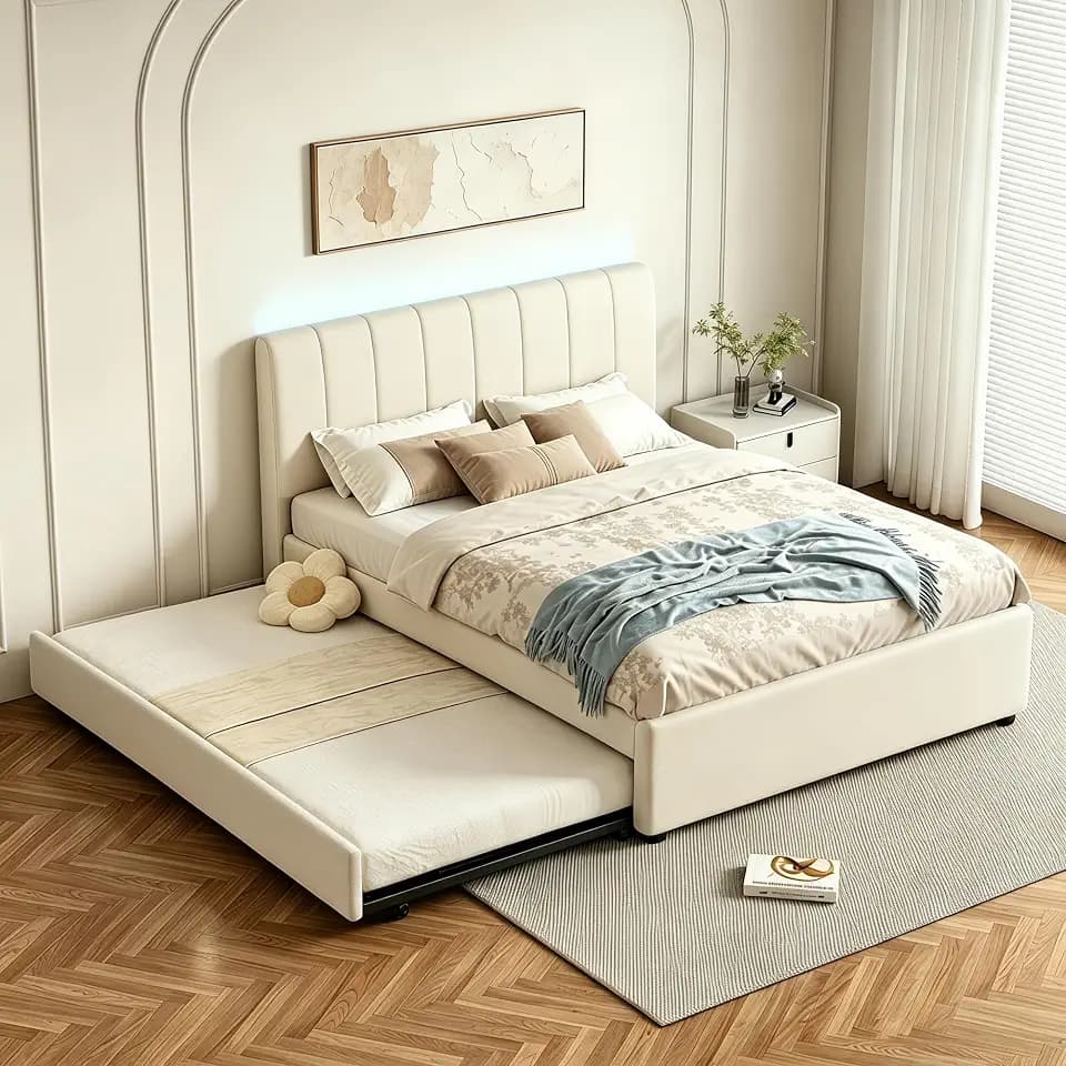Full Size Upholstered Platform Bed with Pull-Out Trundle Bed