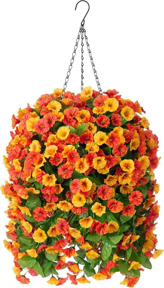 Fake Fall Artificial Outdoor Flowers Plant with Hanging Basket UV Resistant
