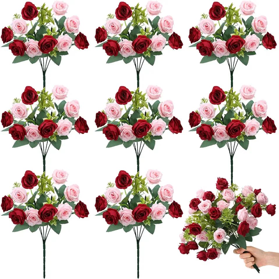 Zeyune 8 Pack 12 Inch Artificial Rose Bouquet, Wine Red and Light Pink