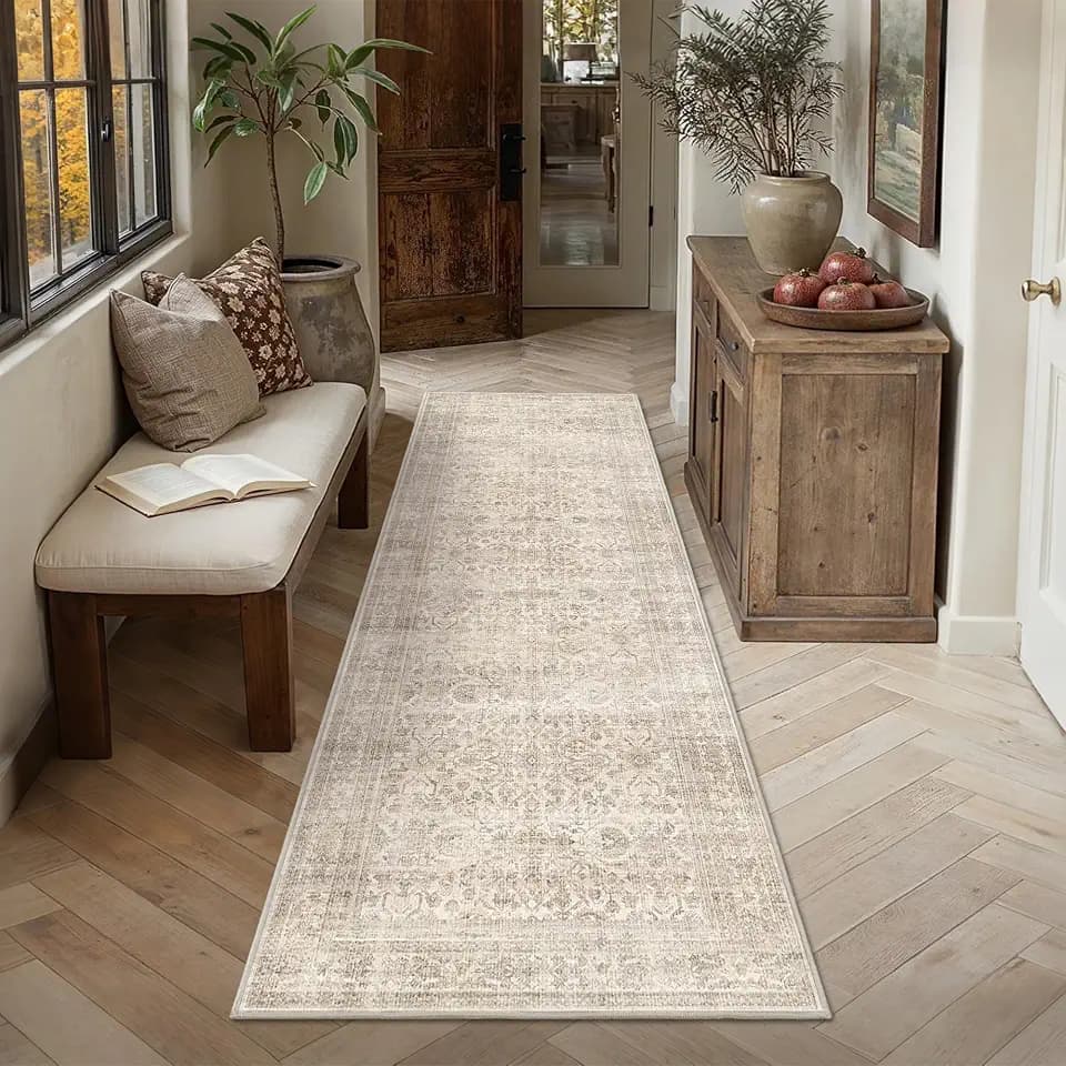 Schweek 2.6x8 Washable Runner Rug Non Slip Runner for Hallway Neutral Beige