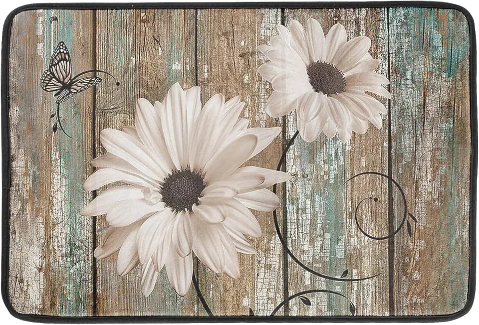 Giwawa Rustic Daisy Board Dish Drying Mat for Kitchen Countertop 18x24 inch Sunflower on Wooden Plank Dish Drainer Mats Fast Drying Country Shabby Chic Flower Dish Pad Vintage Kitchen Decor Large