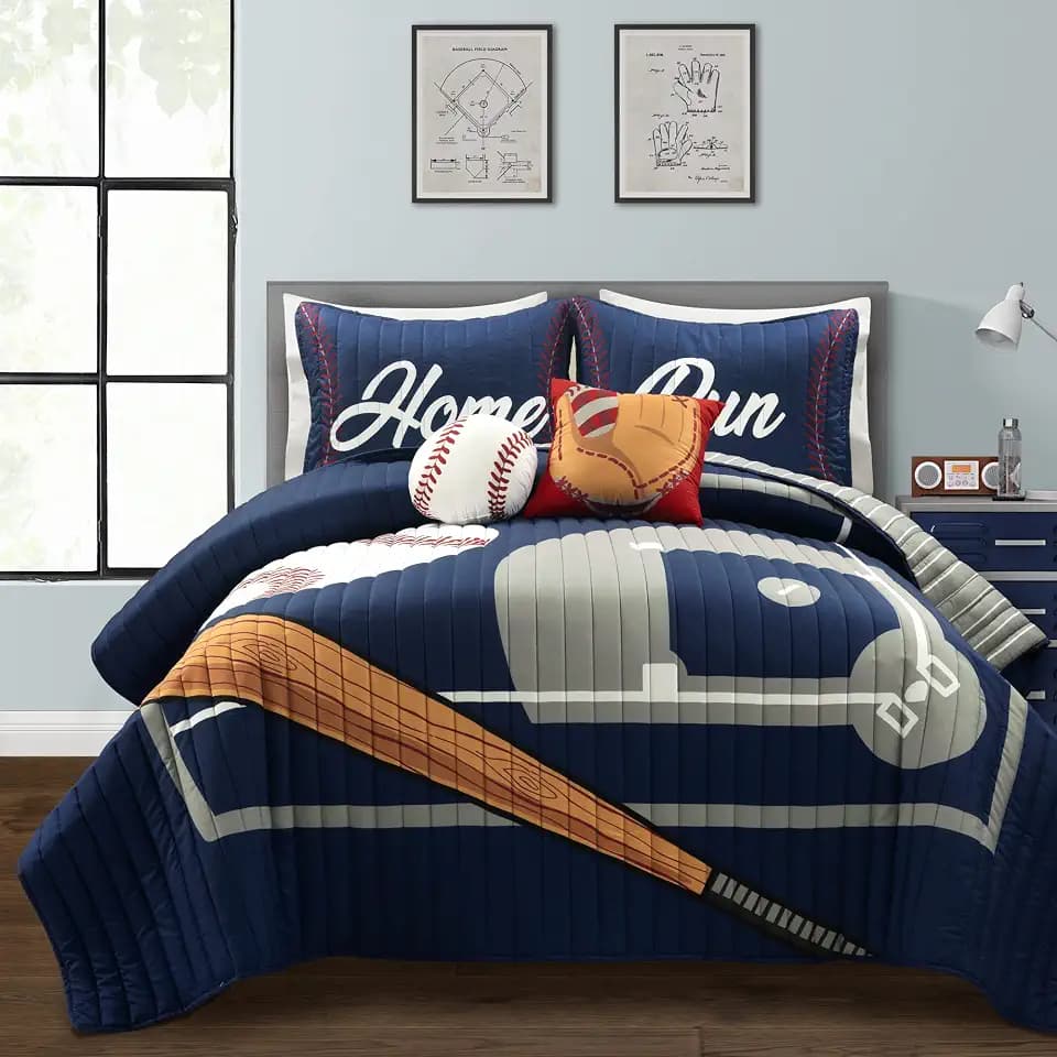 Lush Decor Baseball Game Reversible Quilt Queen Size 5 Piece Set Full/Queen Navy & Gray - Kids Bedding Set Full Quilt - Sports Decor - Baseball Bedding