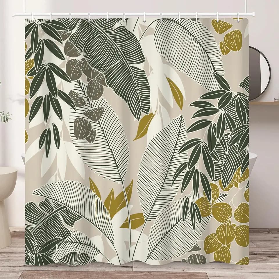 Tropical Leaf Shower Curtain with Hooks 71x74 Inch