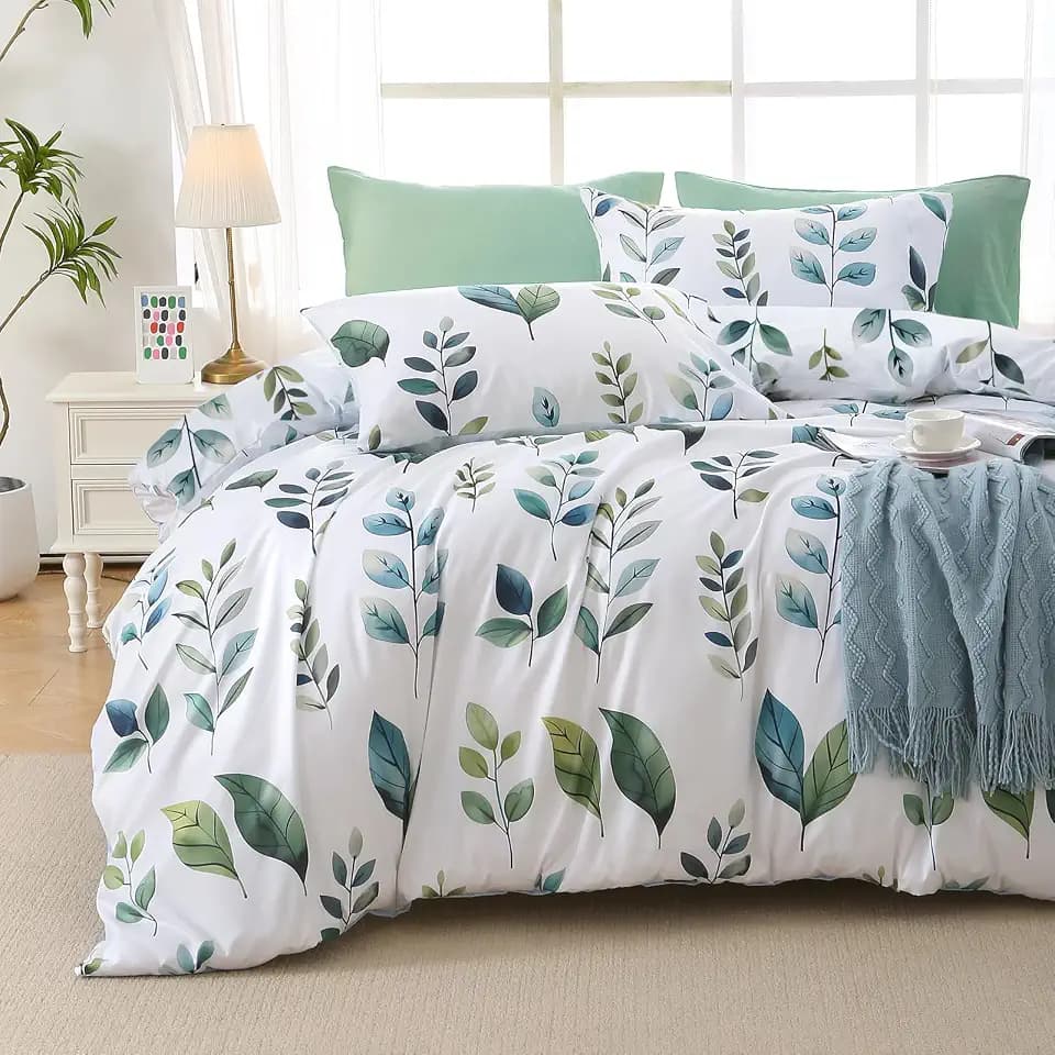 MUXHOMO Grey Green Foliage Bed in a Bag King 7 Pieces, King Comforter Set Reversible Botanical Flowers Design, Ultra Soft & Breathable Bedding Sets with Comforter, Sheets, Pillowcases & Shams