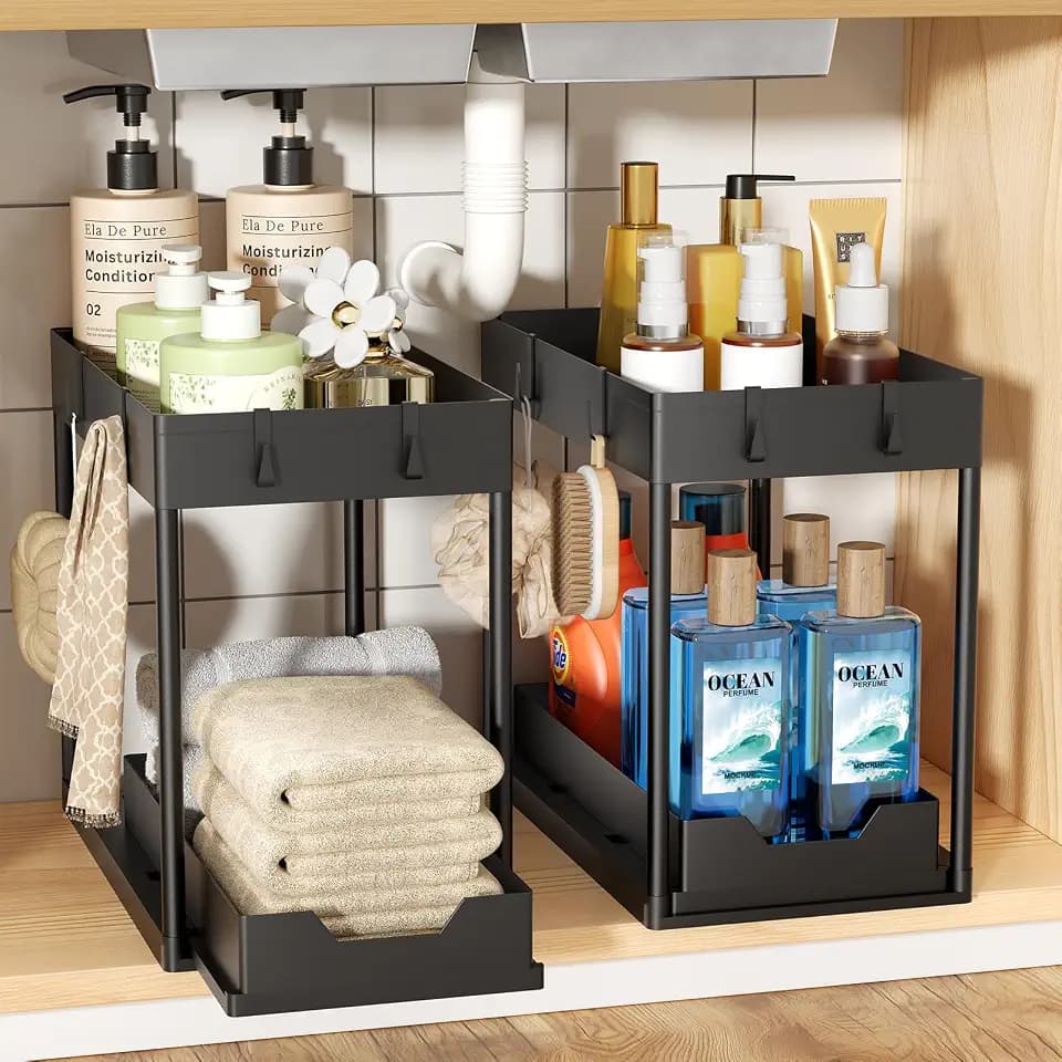 Ekisemio 2 Pack 2-Tier Under Sink Organizers with Sliding Drawer, Black