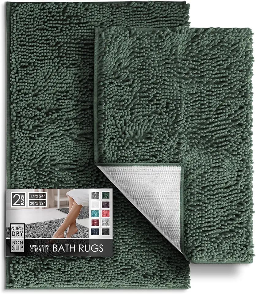Hearth & Harbor Bathroom Rugs, Chenille Bath Mat - Machine Washable Bath Mats for Bathroom Non-Slip Backing Rubber, Quick Dry Bathroom Mat, 17 x 24 + 20 x 32 - Hunter Green
