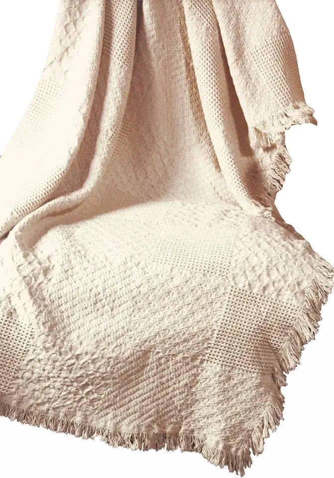 Manual Textured Blocks Fringed Natural 2-Layer Throw, 46 X 60-Inch