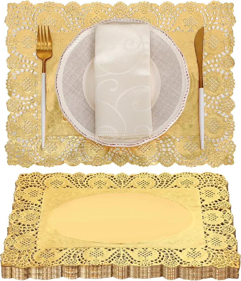 Yexiya 200 Pcs Paper Lace Doilies 12 x 16 Foil Placemats for Cake,Gold