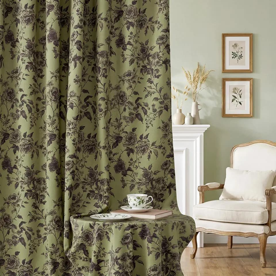 StangH Cottagecore Olive Green Floral Velvet Curtains 84 Inches 2 Panels