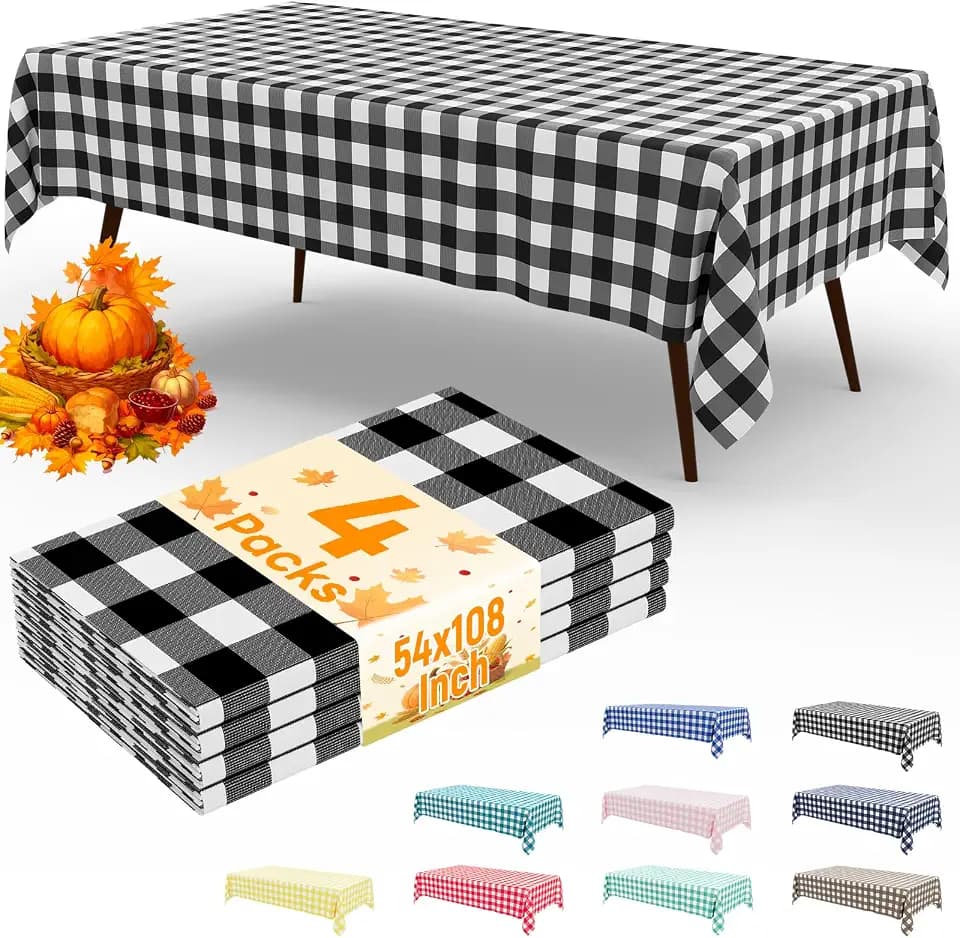 misaya 4 Packs Buffalo Disposable Table Cloth, 54 x 108 Inch Waterproof Plastic Tablecloth, Rectangle Black and White Checkered Table Covers for Picnic, Birthday, Party, Back to School