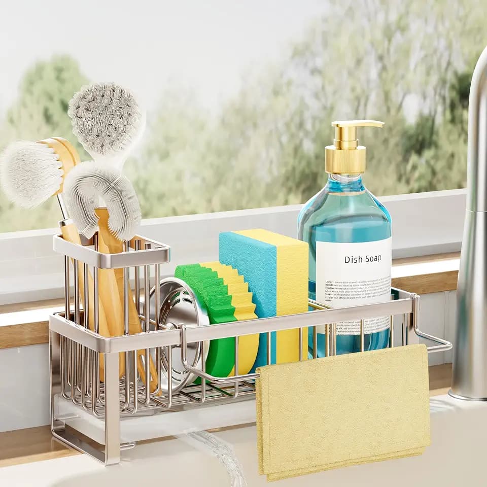 SWTYMIKI Sponge Holder for Kitchen Sink - Sink Caddy with Brush Holder Self-draining Sponge Caddy Organizer with Divider Stainless Steel Kitchen Accessories Storage for Countertop, Sand Nickel
