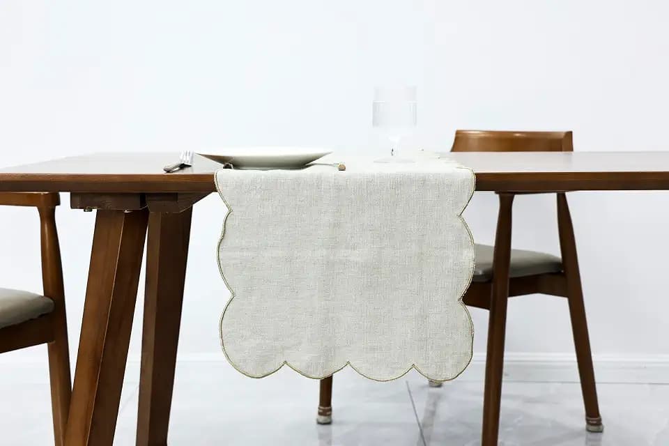 100% Natural Linen Rustic Scalloped Embroidery Table Runner 72 Inches Long, Linen Table Runner 14 x 72 Inch Ideal for Dresser and Dining Tables Decor, 4-6 Sets, Linen(Edges-Gold)