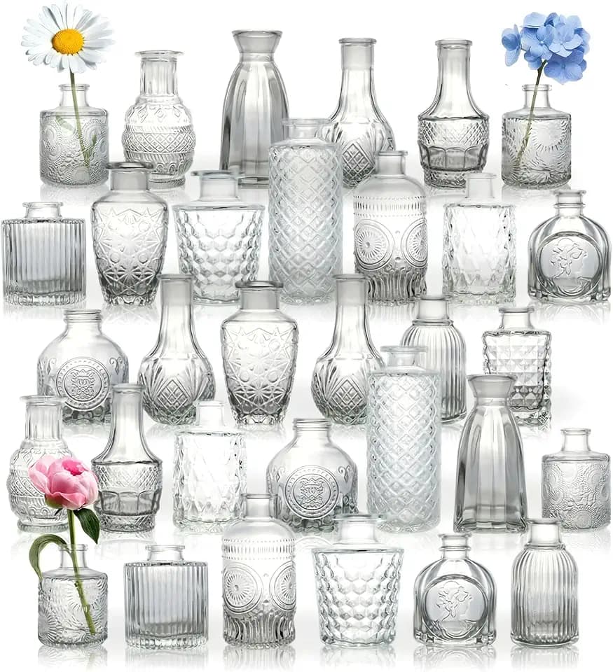 Saage 32-Piece Bud Vases Set, Vintage Clear Glass Vases for Centerpieces, Elegant Wedding & Home Decor, Small Flower Vases Bulk, Mini Table Decoration