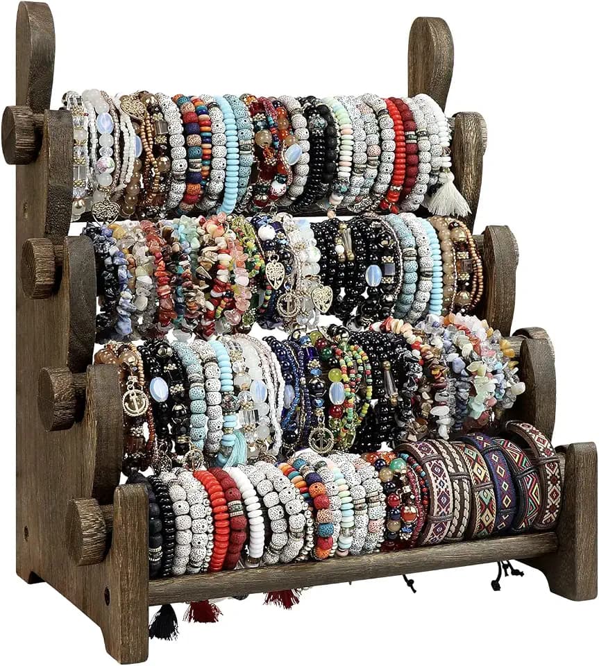 TOPNEW 4 Tier Wooden Bracelet Holder, Scrunchie Bangle Watch Necklace Display Storage Jewelry Holder Stand Display Organizer, Brown