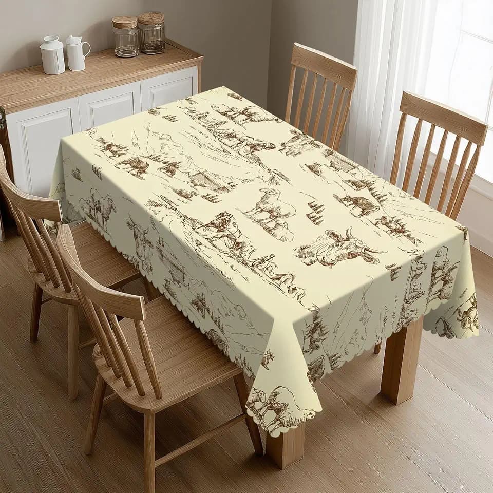 Western Cattle Sheep Rectangular Tablecloth Western Desert Cowboy Table Cloth with Wavy Lace Decoration Polyester Table Cover for Dining, Parties 54x72 inch