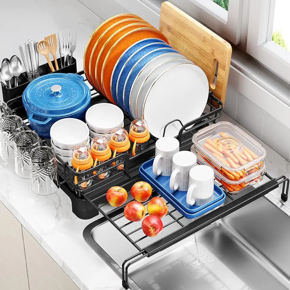 TOOLF Expandable Over The Sink Dish Drying Rack for Kitchen Counter, Black