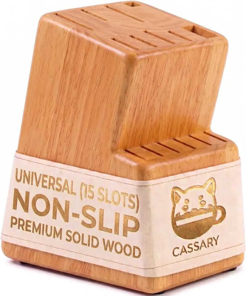 Kitchen knife holder elegant & sturdy (15 slots). Universal knife block with slots for knives, scissor and sharpenner. Knife Block without Knives. Kitchen knife holders for counter top. (Rubber Wood)