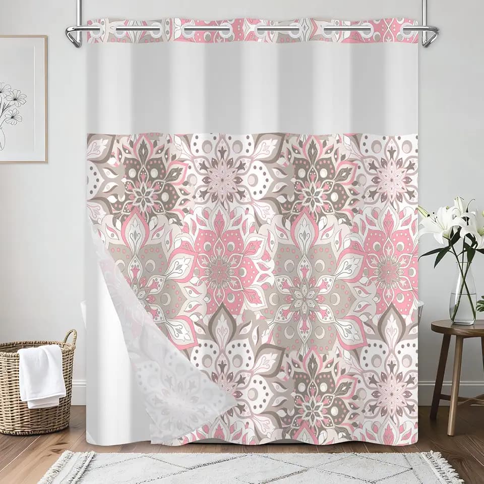 Shower Curtain and Liner Set, Farmhouse Floral Pattern Shower Curtains for Bathroom, Double Layers Waterproof No Hook Summer Shower Curtains with Sheer Top Window and Weighted Bottom Hem, 71x74 Inches