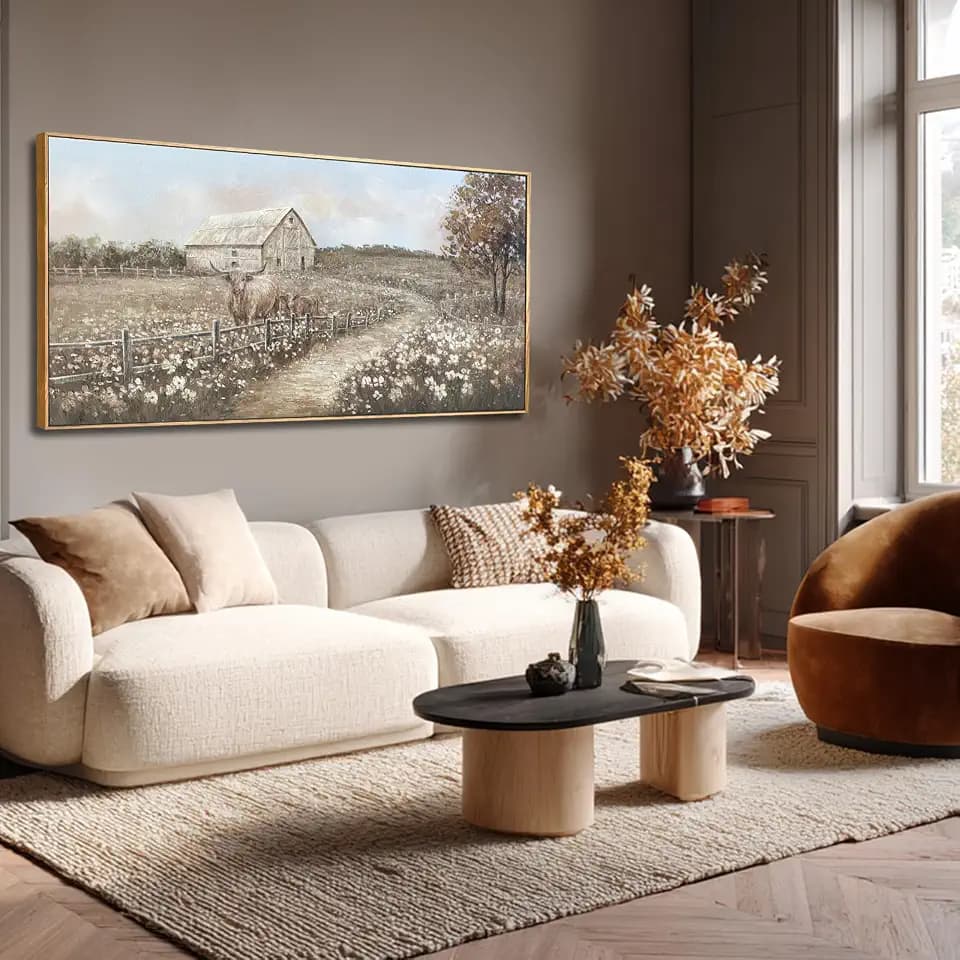 Cows in Pastoral Scenery - Framed Canvas Art 24x48 inch Rustic Barn and Field Landscape Farmhouse Style Wall Decor for Home Living Room and bedroom