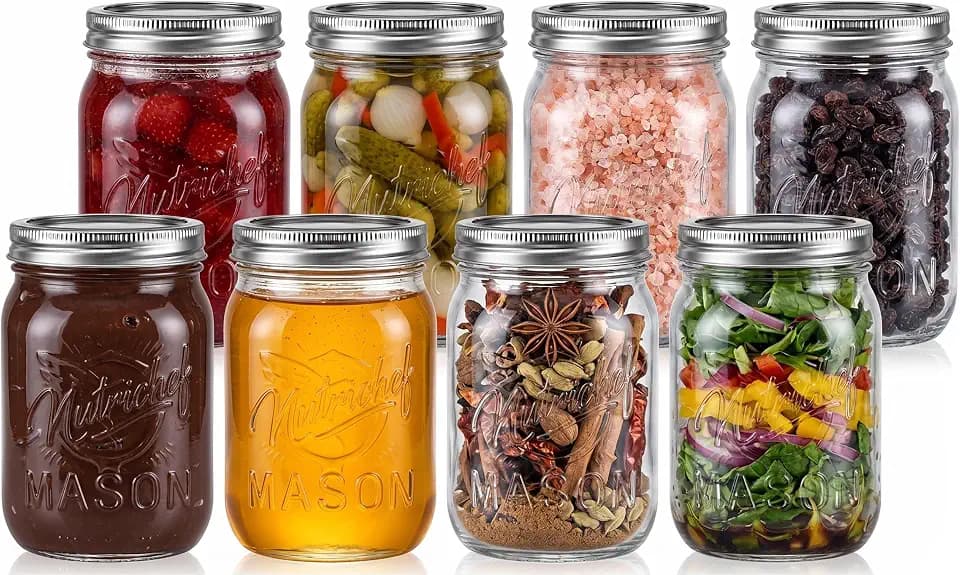 NutriChef 8-Pack 16 oz Mason Jars with Lids - Thick Glass Canning Jars with Stainless Steel Lids - Ideal for DIY Spices, Meal Prep, Overnight Oats, Jelly, Jam, Honey, Candles, Crafts, & More