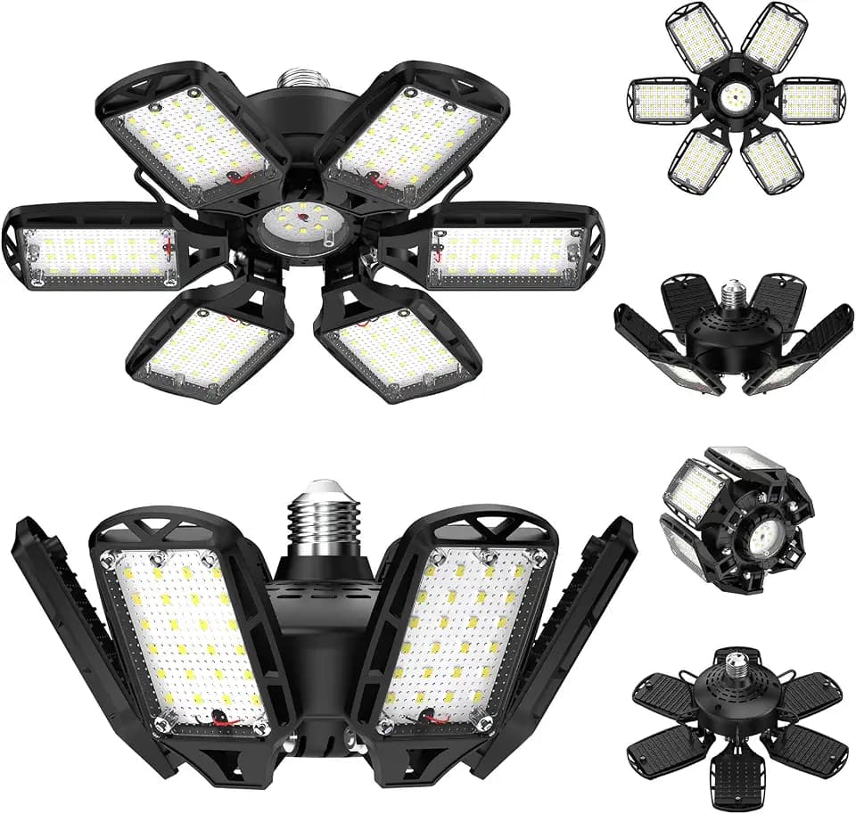 LED Garage Lights 2 Pack, 18000LM 180W Deformable Shop Light with 6+1 Adjustable Panels, 6500K Daylight White Ceiling Light for E26 Base, Ideal for Garage/Basement/Barn