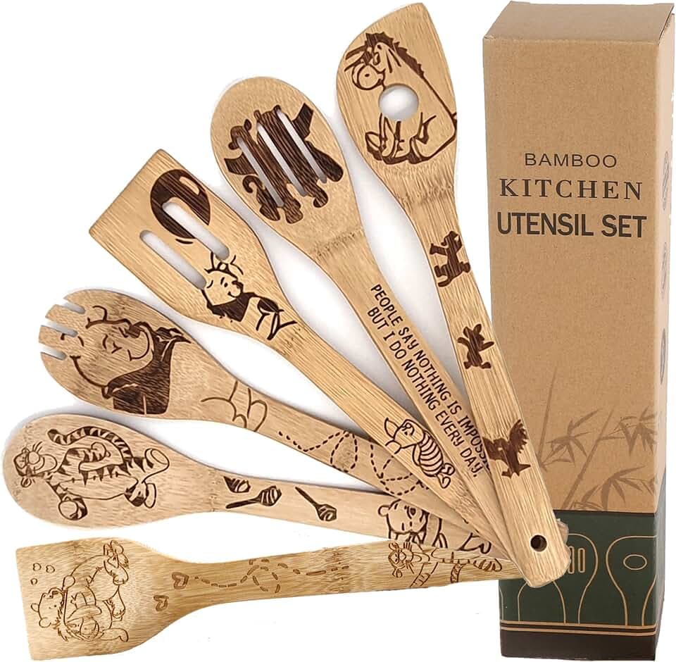 Bejky 6-Pcs Wooden Bamboo Spoons Set - Organic Food Cooking Utensils - Kitchen Accessories and Home Decor - Cookware Gifts for Women - Easy Wash Spatulas - 3D Engraved Patterns (Winnie the Bear)