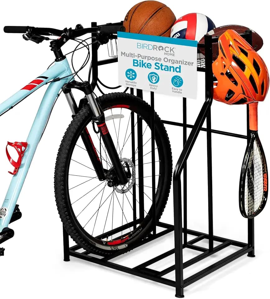 BIRDROCK HOME 2 Bike Stand for Garage Storage with Top Basket for Gear