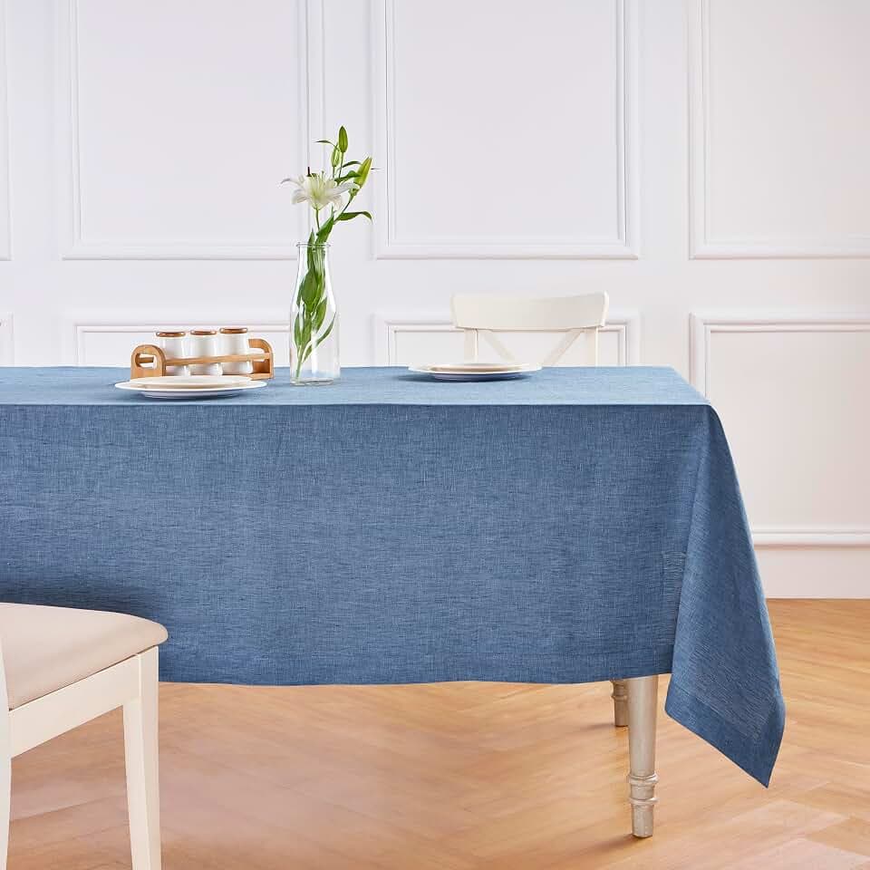 Solino Home 100% Pure Linen Tablecloth Blue Denim Woven, Athena 60 x 90 in