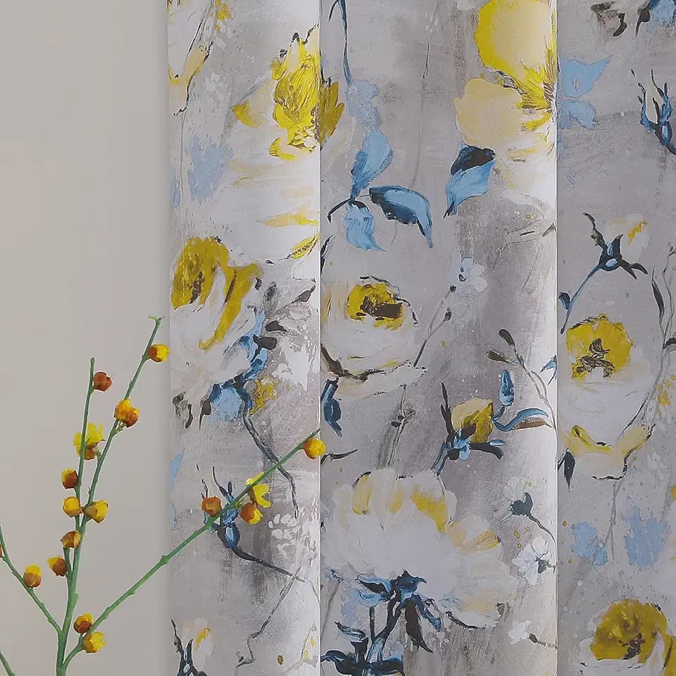 MYSKY HOME Floral Curtains 84 inches Length 2 Panels, Yellow and Grey Curtains for Living Room/Bedroom, Thermal Insulated Light Blocking Grommet VintageDrapes for Dining Room, 52 x 84 Inch,