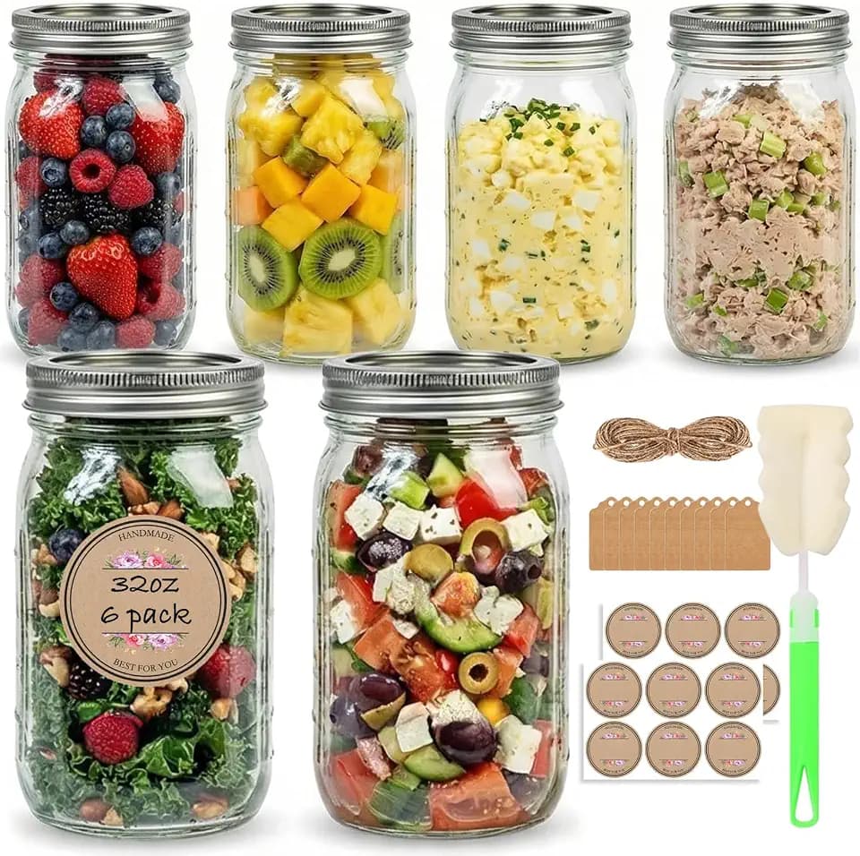 6 Pack 32 oz Wide Mouth Mason Jars with Airtight Lids and Bands