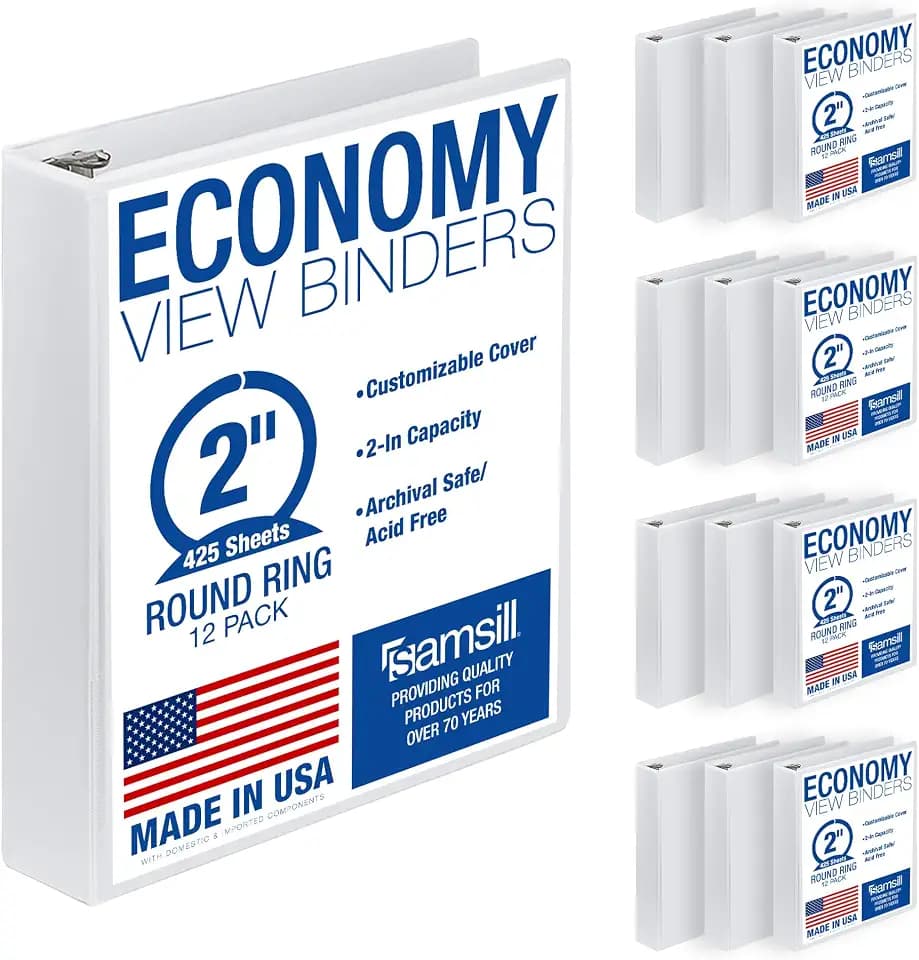 Samsill 2 Inch 3 Ring Binders, Economy Round Ring, Clear View Cover, 425 Sheet Capacity - for School, Home, Office - White, 12 Pack