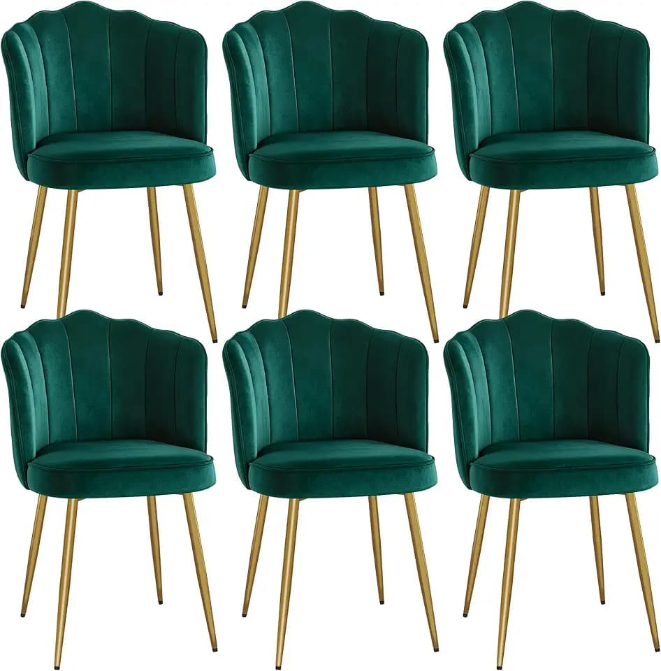 VECELO Velvet Dining Chairs Set of 6, Modern Upholstered Kitchen Chairs with Thick Cushions, Curved Padded Backrest and Metal Legs, for Kitchen, Dining Room, Living Room, Green
