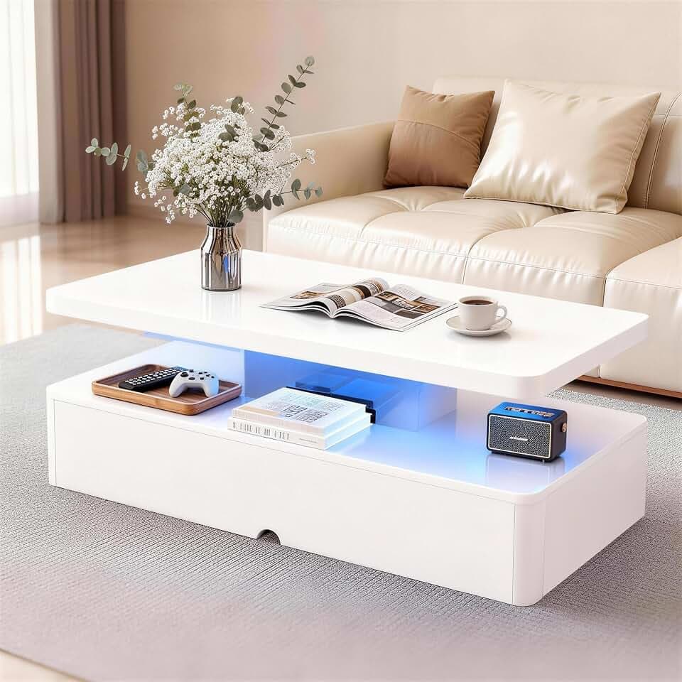 40" Modern LED Coffee Table, 2 Tier Rectangular Center Table with 16 Colors Lights & Large Storage Space, High Glossy Wooden Tea Table for Living Room, Bedroom, Home Office, White