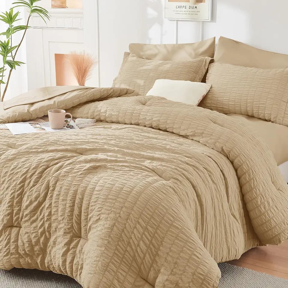 Oversized Queen Comforter Set - 7PCS Seersucker Bed in a Bag, Khaki