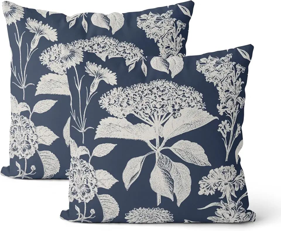 Vintage Floral Pillow Covers 18x18 Inch 2 Pcs Boho Navy Blue Hydrangea Flower Decor Throw Pillows Spring Summer Seasonal Outdoor Farmhouse Decoration Pillowcase Linen Cushion Cover for Couch