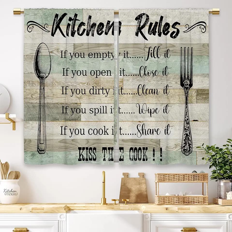 Kitchen Rules Farmhouse Curtains Teal Wooden Rustic Country Small Short Cafe Window Curtains Barn Vintage Rod Pocket Bathroom Window Drapes Treatment Tier Curtains 2 Panels (27.5x39 Inch)