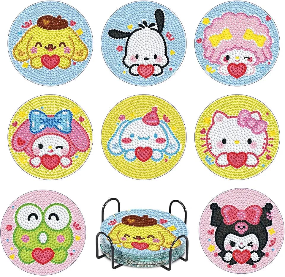 8 PCS Cartoon Diamond Art Coasters Kits, Diamond Painting Coasters with Holder Set of 8, DIY Drink Coasters Art Crafts Supplies for Adults Cup Mat for Home Decor House Warming Gifts Non-Slip 3.9inch