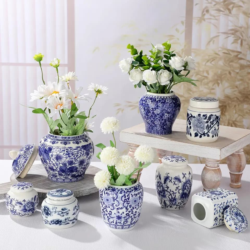 8 Pcs Small Blue and White Vases Chinoiserie Porcelain Vase, Stylish