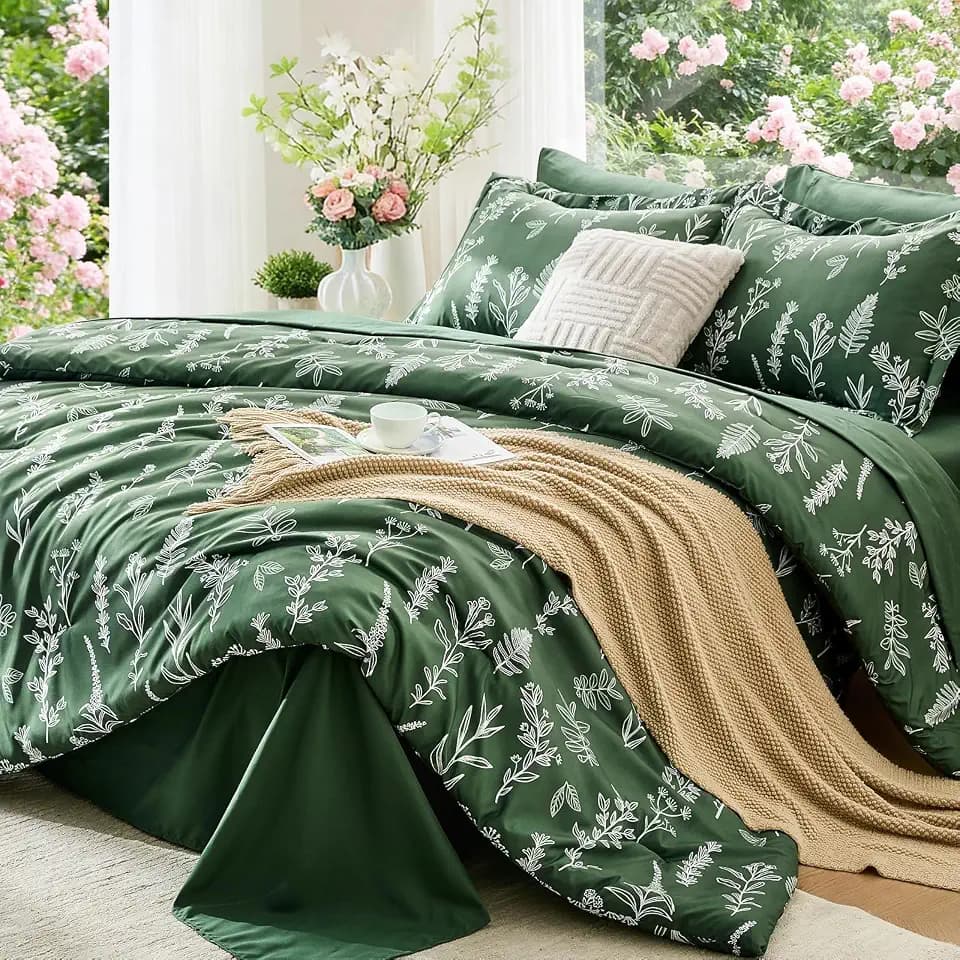 MUXHOMO Oversized Queen Comforter Set, Dark Green Elegant Floral Print Bed in a Bag 7 Pieces, Soft & Breathable Reversible Botanical Pattern Bedding Set with Comforter, Sheets, Pillowcases, and Shams