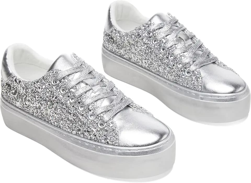 AISFAES Women Glitter Platform Sneakers Sparkly Lace-Up Chunky Sneakers Fashion Low-Top Tennis Shoes Comfortable Metallic Sequin Walking Shoes