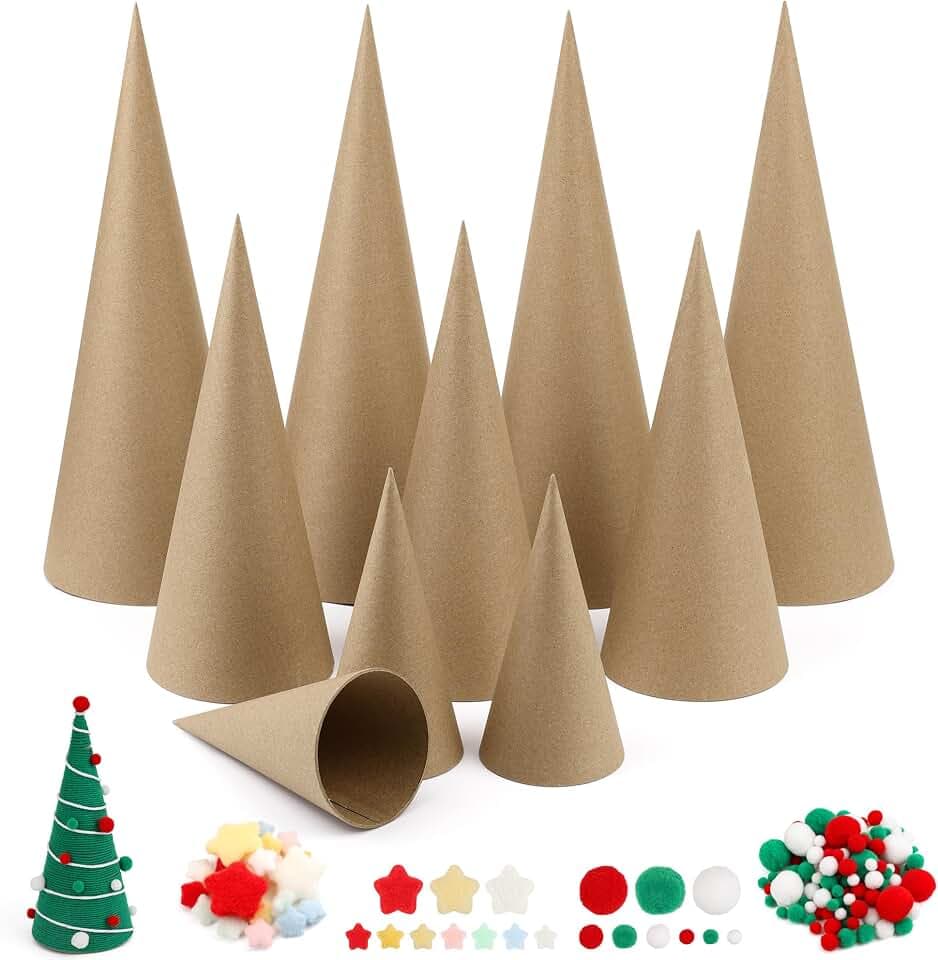10P Paper Mache Cones Kit-3 Sizes Cardboard Cones for Crafts Christmas Tree
