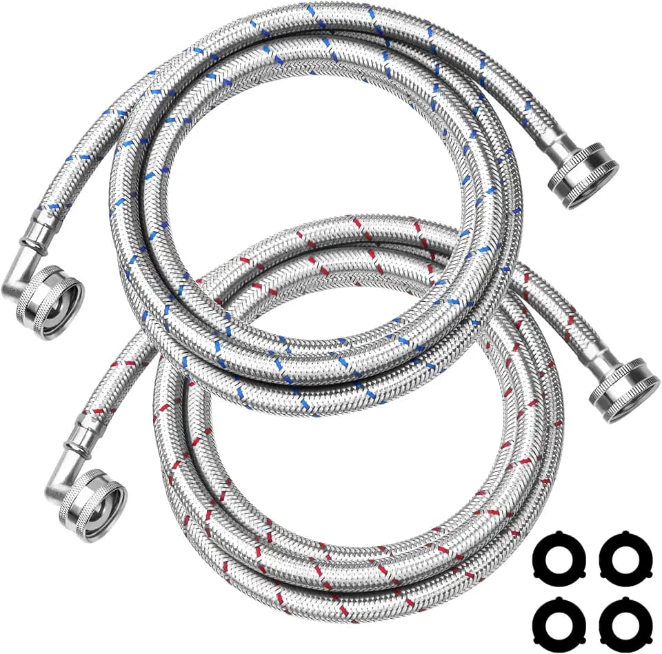6Ft Stainless Steel Washer Hose with 90 Degree Elbow by Puxyblue for All Washers - 2 Pack Burst Proof Red and Blue Braided Hoses for Hot and Cold Water Supply - 10 Years Warranty