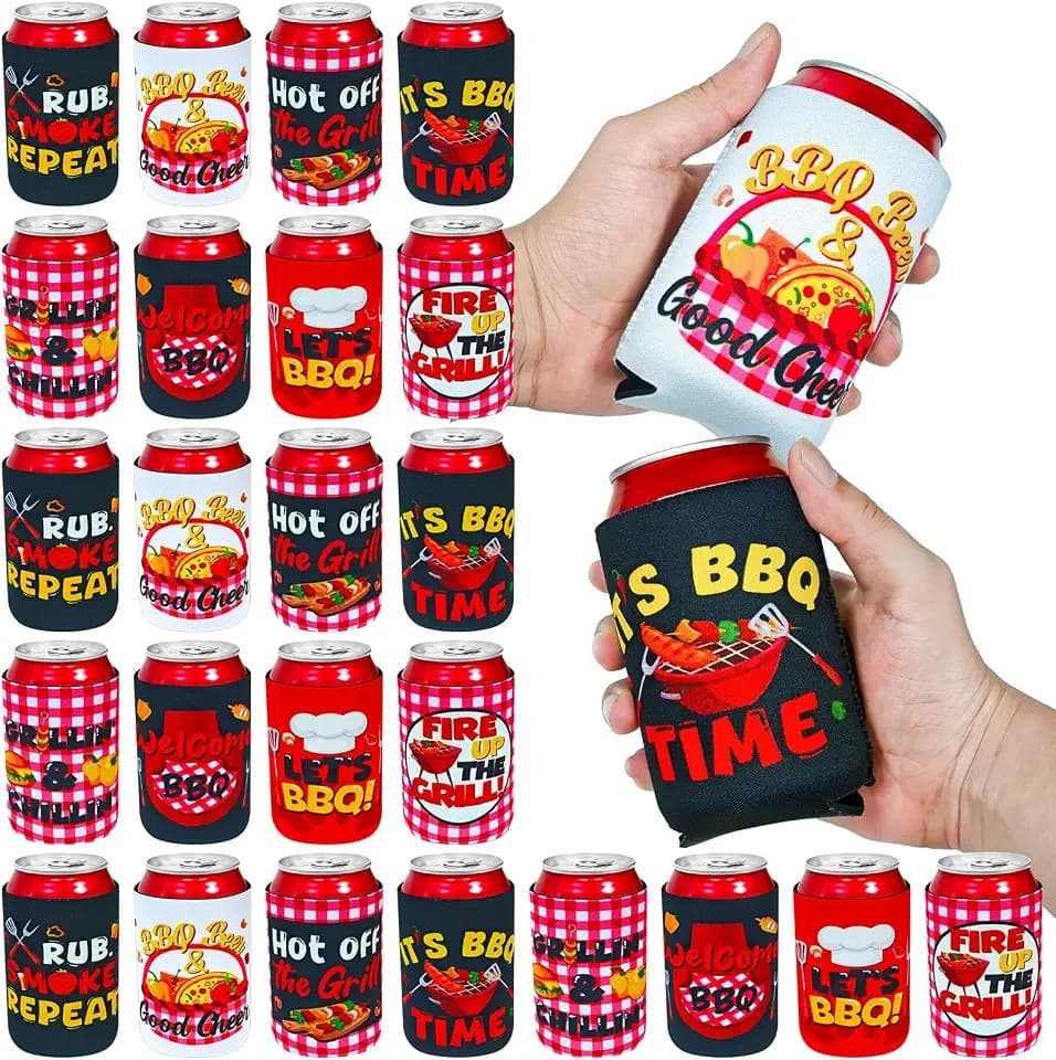 Cinrobiye 24 Pcs BBQ Party Beer Can Sleeves 12 Oz Summer Picnic Beer Picnic Barbecue Party Decorations Gifts For Beer Beverages Cans And Bottles Summer BBQ Party Favor Supplies (Classical)