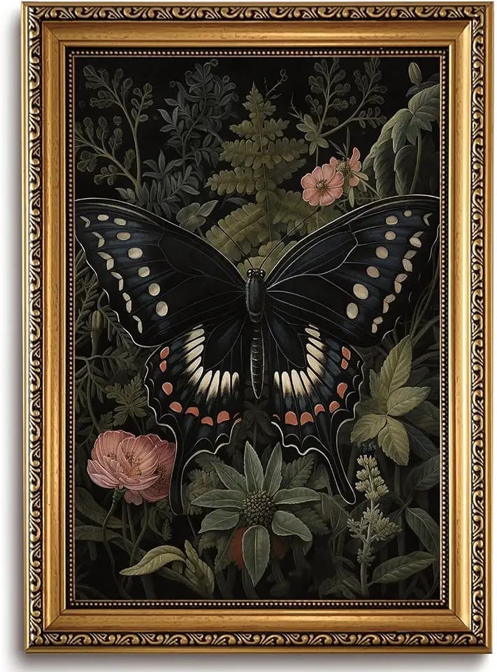 LHHJDIO Vintage Gold Framed Wall Art Black Butterfly Canvas Wall Art Dark Garden Floral Pictures Wall Decor Gothic Nature Art Prints for Living Room Bedroom Study